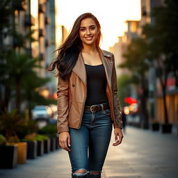 A stunning portrait of Greice Gadioli Cipriano, a confident and charismatic young woman standing in an urban setting