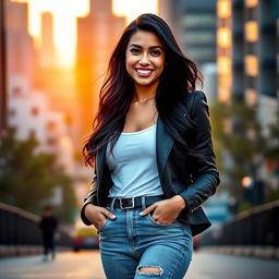 A stunning portrait of Greice Gadioli Cipriano, a confident and charismatic young woman standing in an urban setting