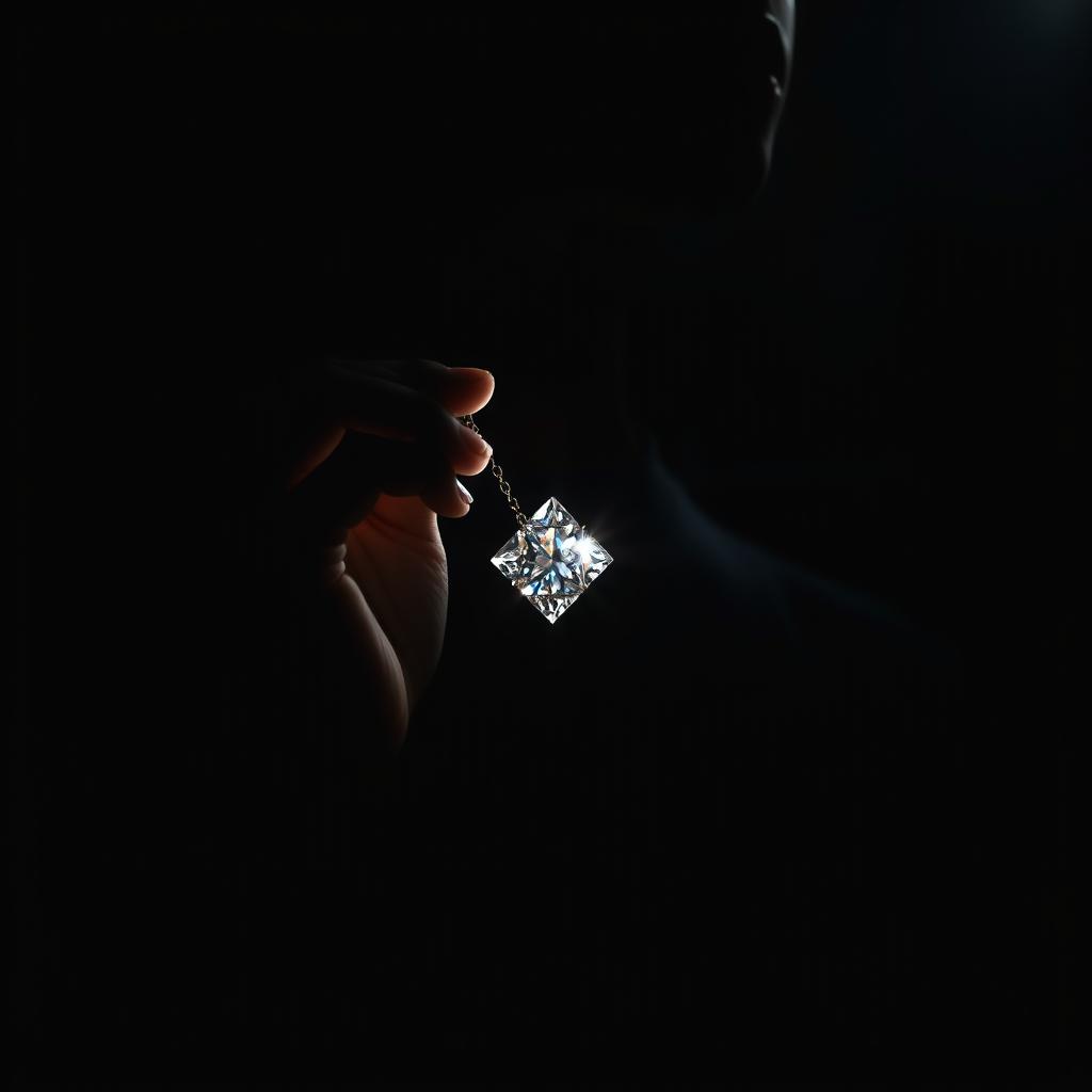 A shadowy figure of a boy holding a sparkling diamond necklace in a dark, ominous environment