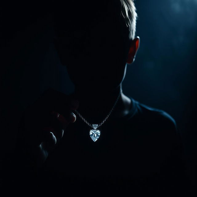 A shadowy figure of a boy holding a sparkling diamond necklace in a dark, ominous environment