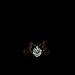 A shadowy figure of a boy holding a sparkling diamond necklace in a dark, ominous environment