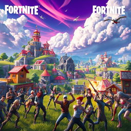 An epic scene showcasing a vibrant and action-packed Fortnite landscape, featuring iconic elements such as colorful buildings, lush environments, and a dynamic sky filled with clouds