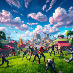An epic scene showcasing a vibrant and action-packed Fortnite landscape, featuring iconic elements such as colorful buildings, lush environments, and a dynamic sky filled with clouds