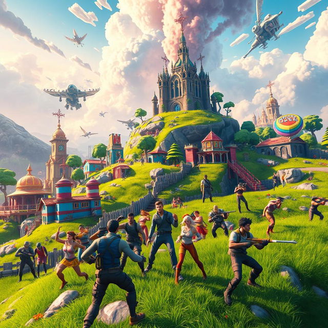 An epic scene showcasing a vibrant and action-packed Fortnite landscape, featuring iconic elements such as colorful buildings, lush environments, and a dynamic sky filled with clouds