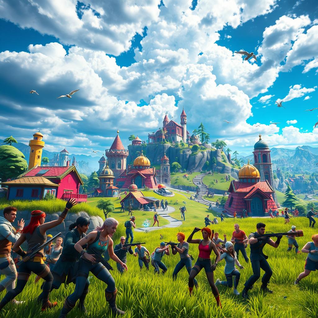 An epic scene showcasing a vibrant and action-packed Fortnite landscape, featuring iconic elements such as colorful buildings, lush environments, and a dynamic sky filled with clouds