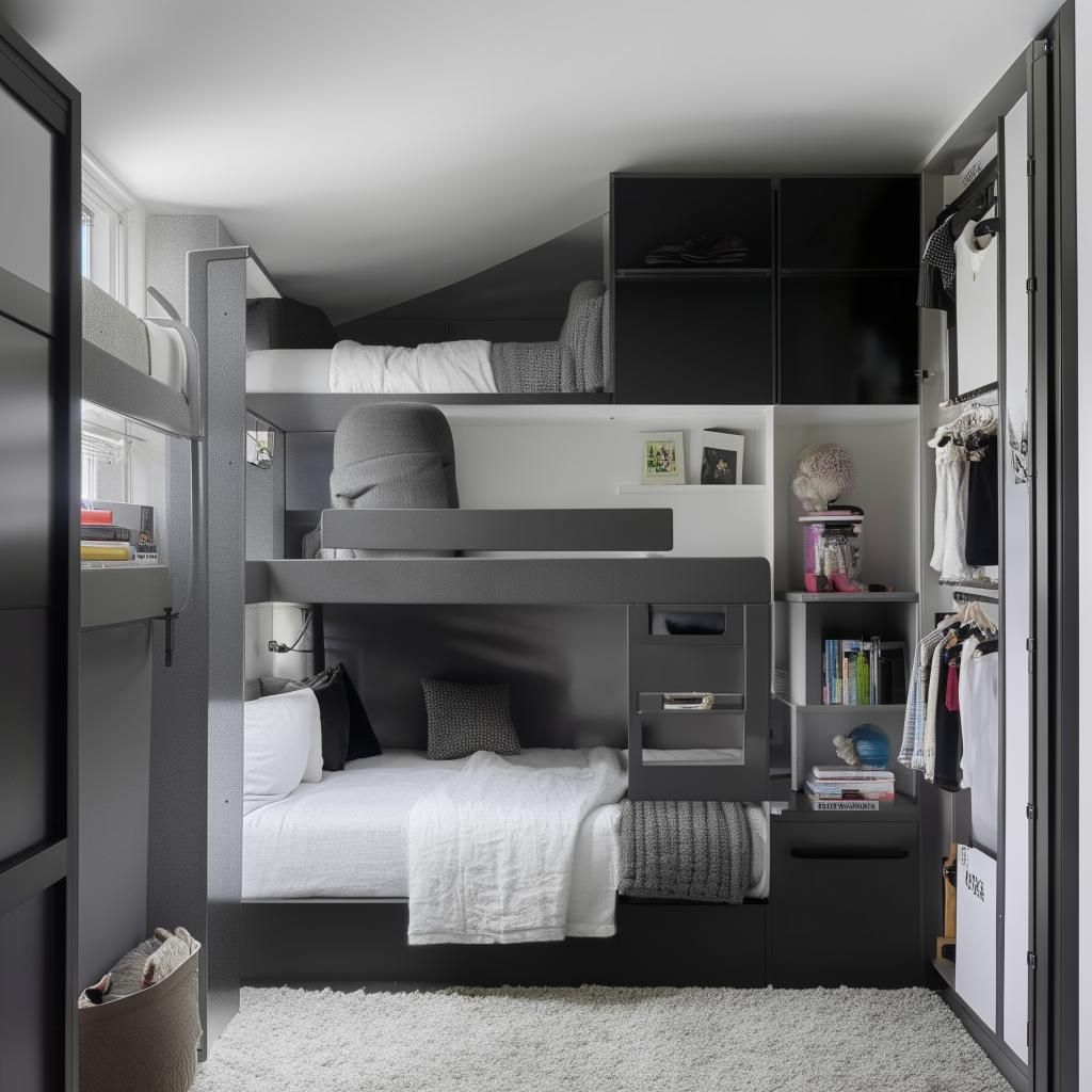 Stylish black and white 3x4 room featuring a bunk bed with a study area underneath, a television, a sofa, additional wardrobes, and a bookshelf loaded with books, blending practicality with chic minimalism