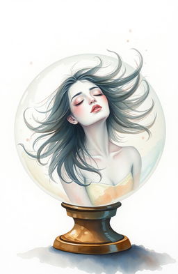 A watercolor painting featuring a woman inside a transparent globe
