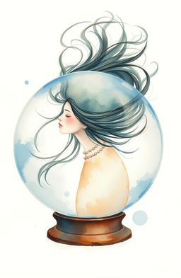 A watercolor painting featuring a woman inside a transparent globe