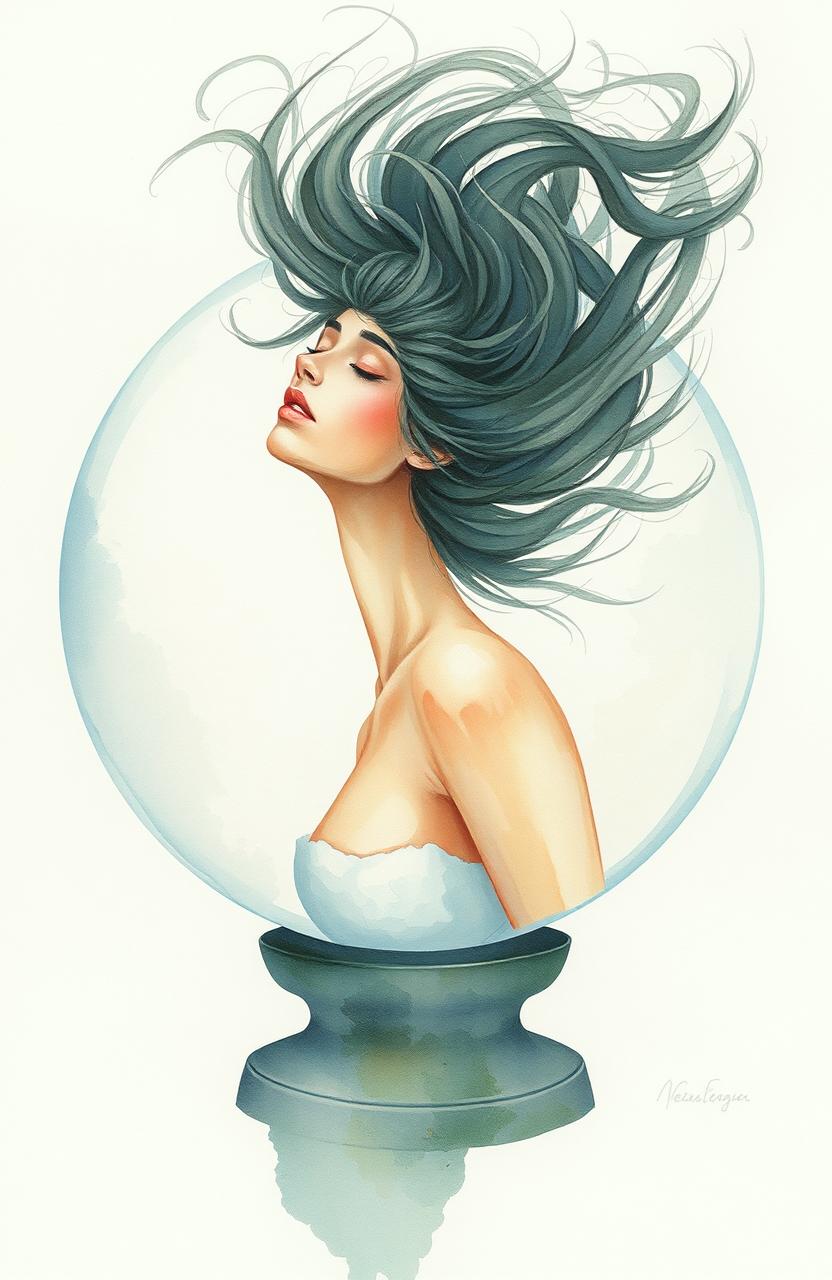 A watercolor painting featuring a woman inside a transparent globe