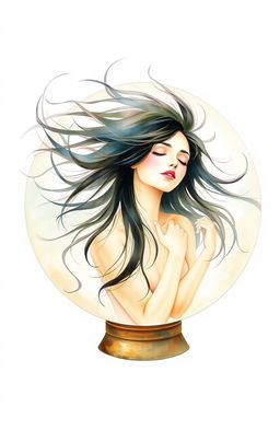A watercolor painting featuring a woman inside a transparent globe