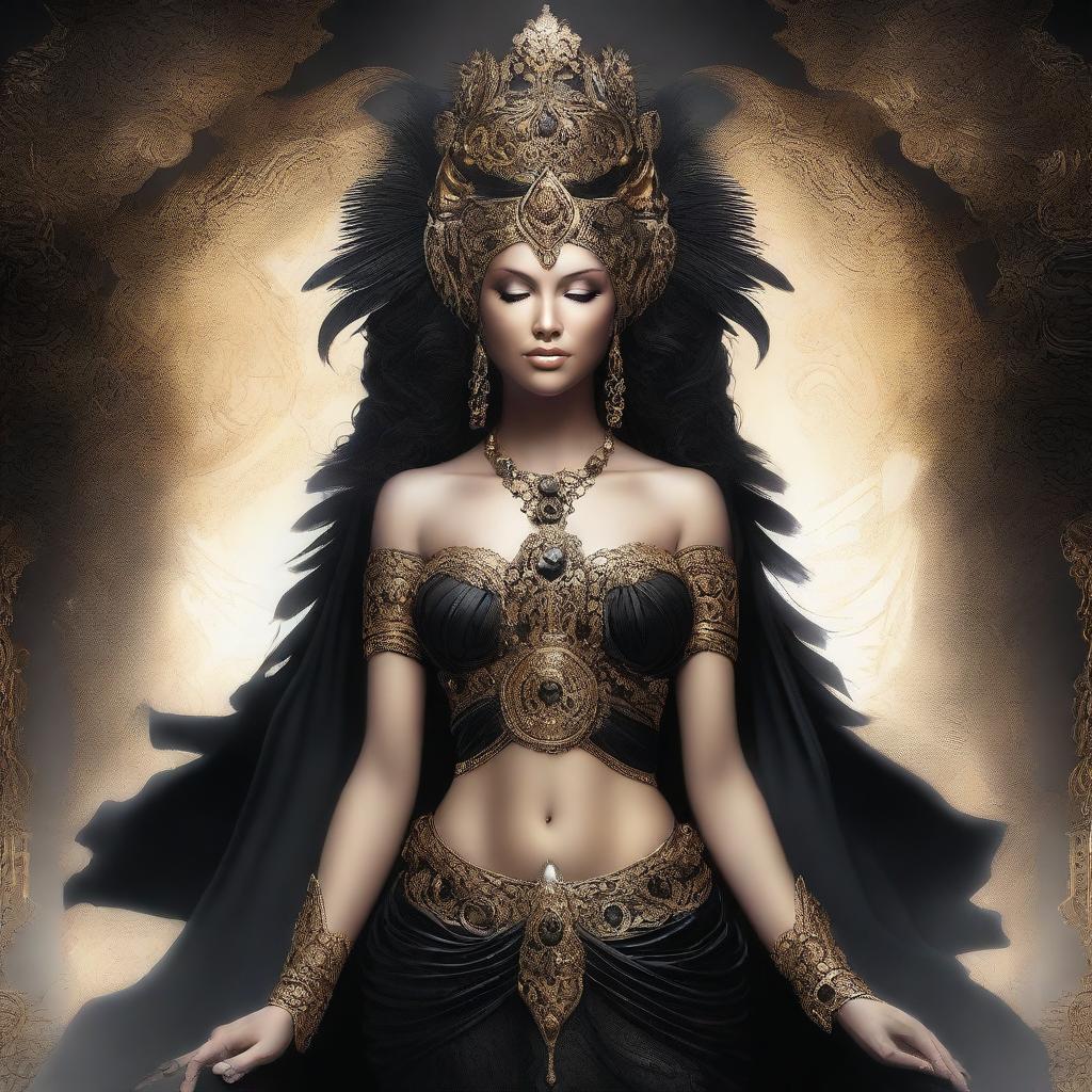 A high-quality digital art image featuring a Caucasian goddess dressed entirely in black