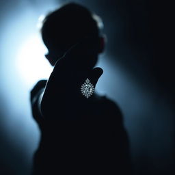 A striking silhouette image featuring a shadowy figure of a boy holding a sparkling diamond necklace, set against a dark, moody background