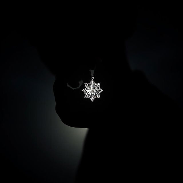 A striking silhouette image featuring a shadowy figure of a boy holding a sparkling diamond necklace, set against a dark, moody background