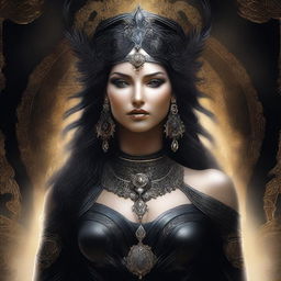 A high-quality digital art image featuring a Caucasian goddess dressed entirely in black