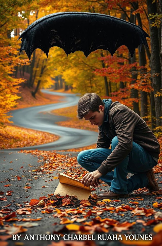 A young boy in a wooded area, kneeling on a path covered with colorful autumn leaves