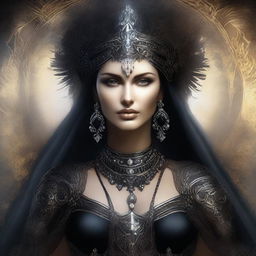 A high-quality digital art image featuring a Caucasian goddess dressed entirely in black