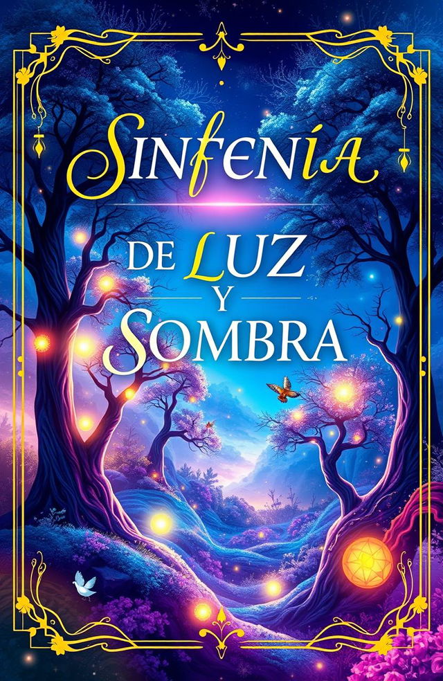 A vibrant and visually stunning fantasy book cover featuring the title "SINFONÍA DE LUZ Y SOMBRA" in an elegant, flowing font