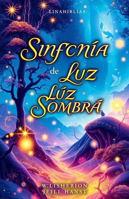 A vibrant and visually stunning fantasy book cover featuring the title "SINFONÍA DE LUZ Y SOMBRA" in an elegant, flowing font