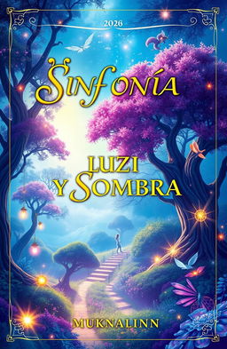 A vibrant and visually stunning fantasy book cover featuring the title "SINFONÍA DE LUZ Y SOMBRA" in an elegant, flowing font