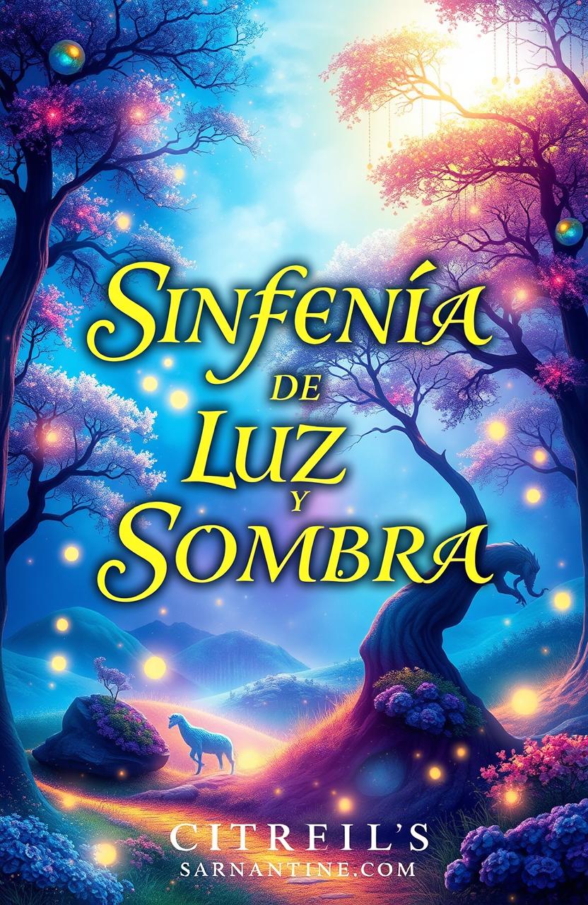 A vibrant and visually stunning fantasy book cover featuring the title "SINFONÍA DE LUZ Y SOMBRA" in an elegant, flowing font