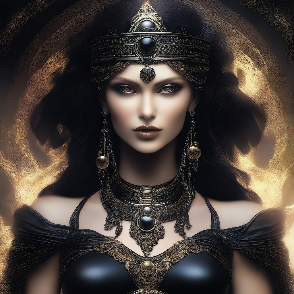 A high-quality digital art image featuring a Caucasian goddess dressed entirely in black