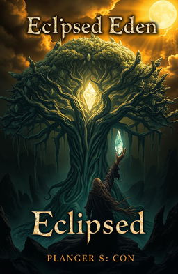 An eerie utopian paradise featuring a glowing, crystalline tree at the center, its intricate roots dripping with dark shadows