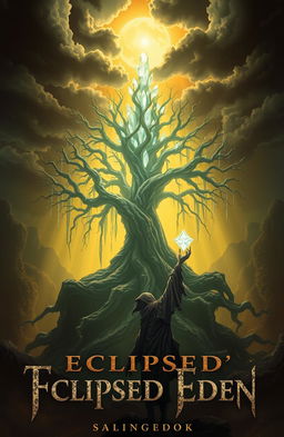 An eerie utopian paradise featuring a glowing, crystalline tree at the center, its intricate roots dripping with dark shadows