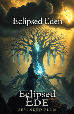An eerie utopian paradise featuring a glowing, crystalline tree at the center, its intricate roots dripping with dark shadows