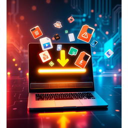 A visually stunning and dynamic scene highlighting the process of downloading files and images onto a modern digital device, such as a sleek laptop or a tablet