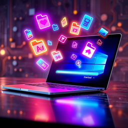 A visually stunning and dynamic scene highlighting the process of downloading files and images onto a modern digital device, such as a sleek laptop or a tablet