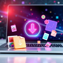 An engaging and visually appealing representation of the process of downloading files and images onto a modern device, such as a laptop or smartphone