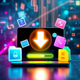 An engaging and visually appealing representation of the process of downloading files and images onto a modern device, such as a laptop or smartphone