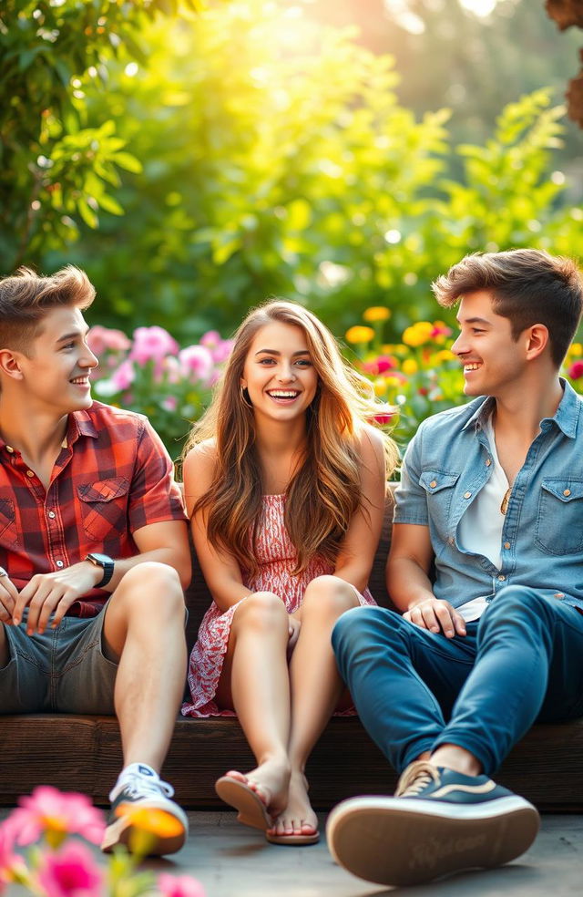 A captivating scene featuring a young woman sitting comfortably in between two charming young men in a relaxed outdoor setting