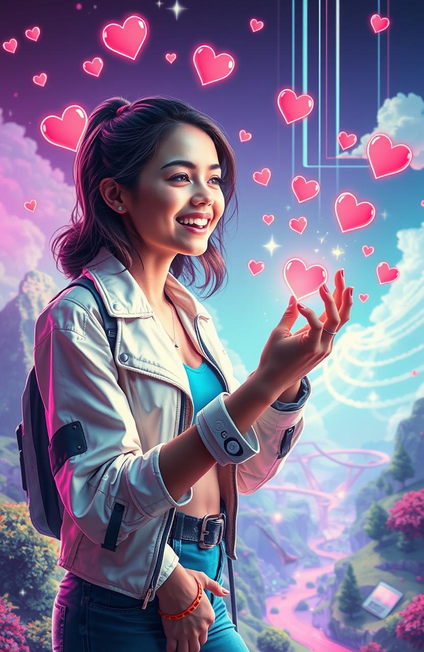 A young woman immersed in a vibrant, colorful virtual world, surrounded by whimsical digital landscapes filled with floating hearts and sparkling light trails