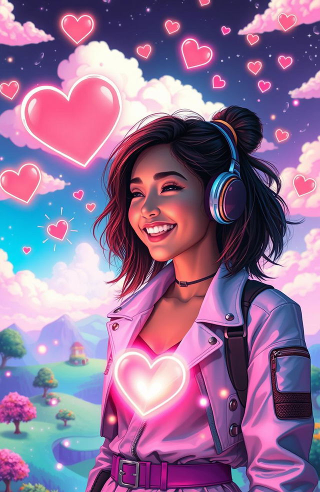 A young woman immersed in a vibrant, colorful virtual world, surrounded by whimsical digital landscapes filled with floating hearts and sparkling light trails