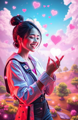 A young woman immersed in a vibrant, colorful virtual world, surrounded by whimsical digital landscapes filled with floating hearts and sparkling light trails