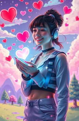 A young woman immersed in a vibrant, colorful virtual world, surrounded by whimsical digital landscapes filled with floating hearts and sparkling light trails