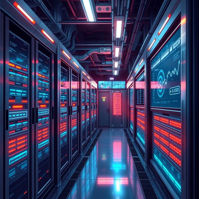 A detailed illustration of a futuristic data center, showcasing rows of sleek server racks with glowing LED lights, advanced cooling systems, and large screens displaying data analytics in real-time