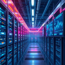 A detailed illustration of a futuristic data center, showcasing rows of sleek server racks with glowing LED lights, advanced cooling systems, and large screens displaying data analytics in real-time