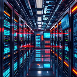 A detailed illustration of a futuristic data center, showcasing rows of sleek server racks with glowing LED lights, advanced cooling systems, and large screens displaying data analytics in real-time