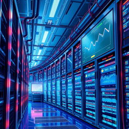 A detailed illustration of a futuristic data center, showcasing rows of sleek server racks with glowing LED lights, advanced cooling systems, and large screens displaying data analytics in real-time