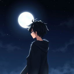 An anime boy standing under a dark moonlit sky, facing the full moon