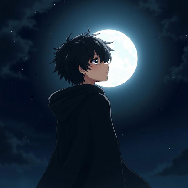 An anime boy standing under a dark moonlit sky, facing the full moon