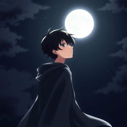 An anime boy standing under a dark moonlit sky, facing the full moon