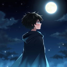 An anime boy standing under a dark moonlit sky, facing the full moon