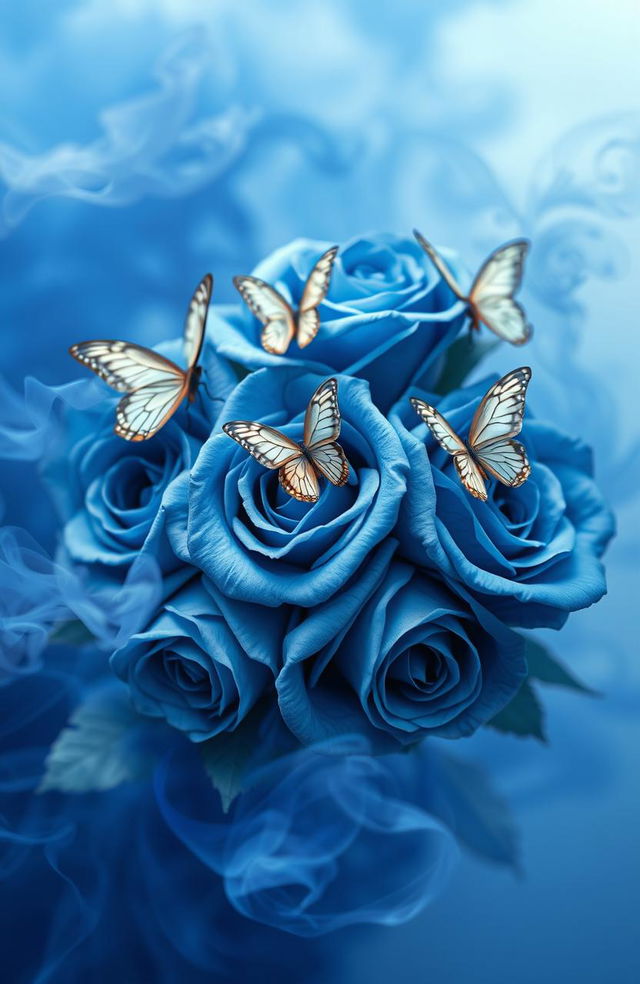 A beautiful cover design featuring vibrant blue roses with intricate details