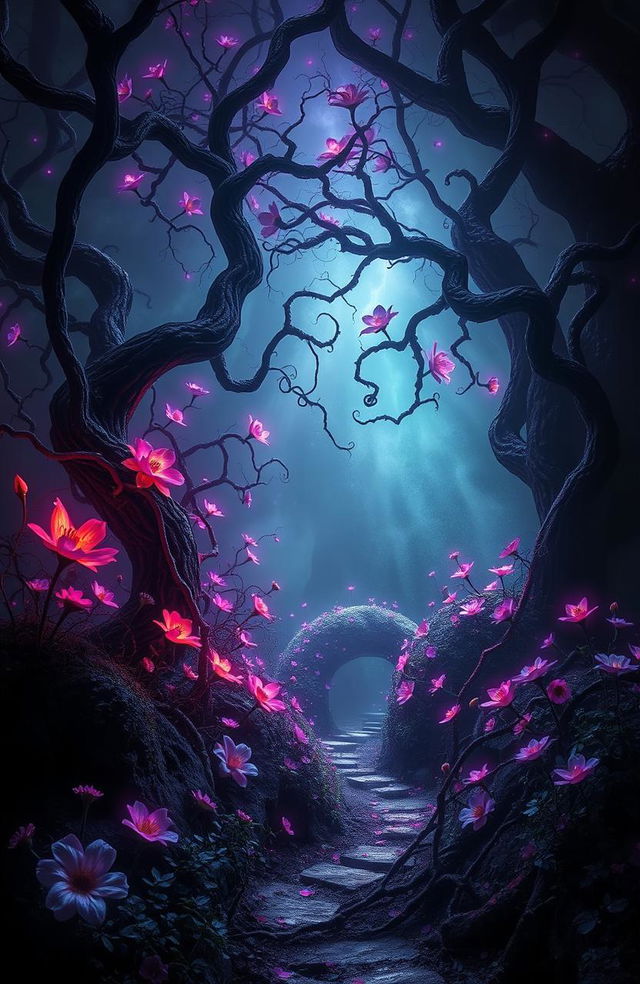 A surreal landscape blending dark and flowery elements, showcasing an enchanting garden with vivid, luminescent flowers cast against a shadowy, mysterious backdrop