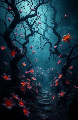 A surreal landscape blending dark and flowery elements, showcasing an enchanting garden with vivid, luminescent flowers cast against a shadowy, mysterious backdrop