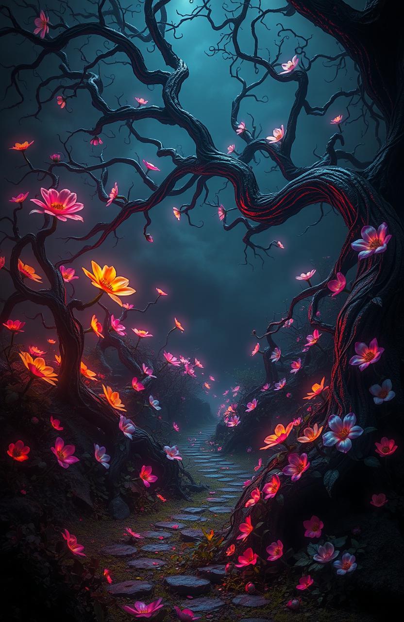 A surreal landscape blending dark and flowery elements, showcasing an enchanting garden with vivid, luminescent flowers cast against a shadowy, mysterious backdrop