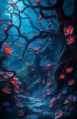 A surreal landscape blending dark and flowery elements, showcasing an enchanting garden with vivid, luminescent flowers cast against a shadowy, mysterious backdrop